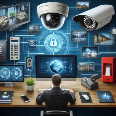 Create an image that represents security systems for companies and homes, incorporating eleme