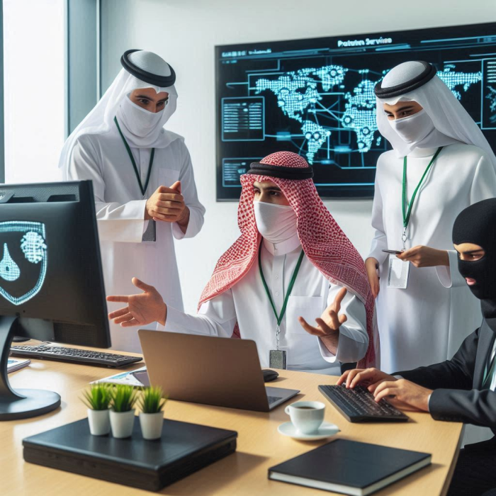 موظف سعودي مقنع الوجه بثوب ابيض ويشرح لموظفه سعوديه بجانب موظف اخر في مكتب الشركة ببرج الفيصل
